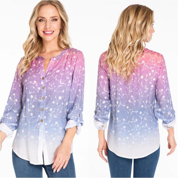 Multiples Medium Women's Ombre Print Button Up Top Roll Tab Sleeves - Picture 1 of 6